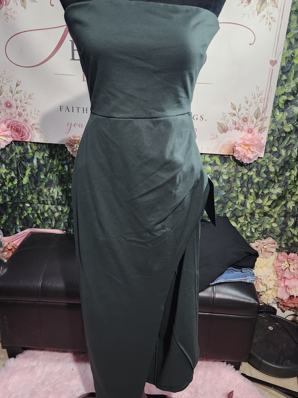 Lulus Strapless Forest Green Side-Slit Midi Dress